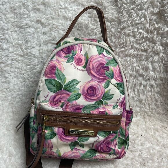 Juicy Couture Nylon mauve roses and green leaf prints mini backpack brown trims. - Picture 2 of 14